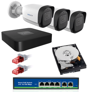 Zestaw monitoringu zewnętrzny x3 kamery ip 4mpx mikrofon switch poe dysk 1tb