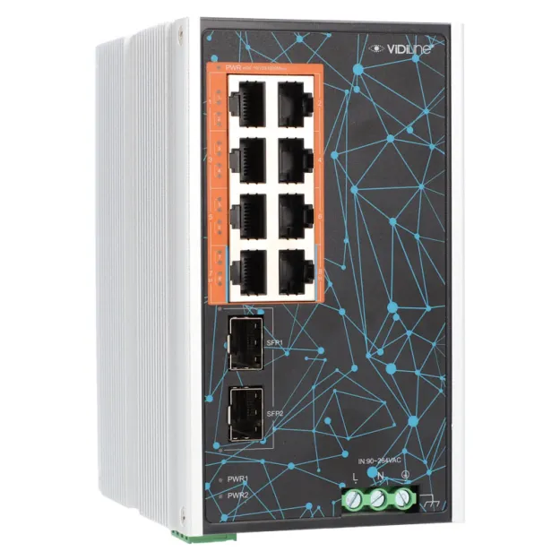 VidiLine VIDI-DG0802G Switch 8xPoE 1gb/s na Szynę Din 2xSFP PoE